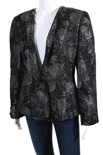 Krizia Womens Floral Print Button Down Jacket Black Silver Wool Size EUR 44