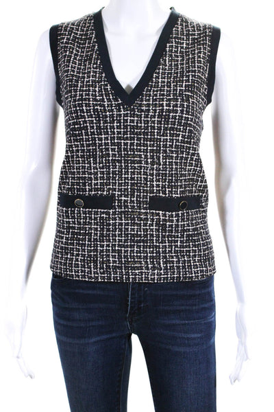 Me + Em Womens Tweed V Neck Sleeveless Shell Sweater Navy Blue Cotton Size 6