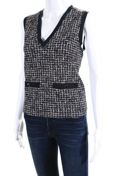 Me + Em Womens Tweed V Neck Sleeveless Shell Sweater Navy Blue Cotton Size 6