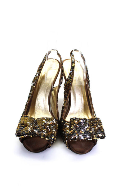 Kate Spade New York Womens Sequined Bow Peep Toe Slingbacks Brown Gold Size 9.5