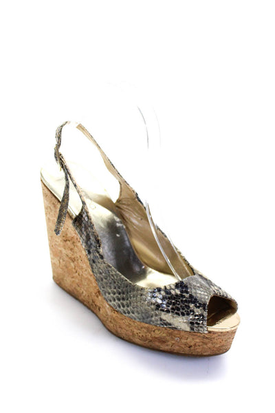 Jimmy Choo Womens Snakeskin Print Cork Platform Wedge Slingbacks Gray Size 39 9