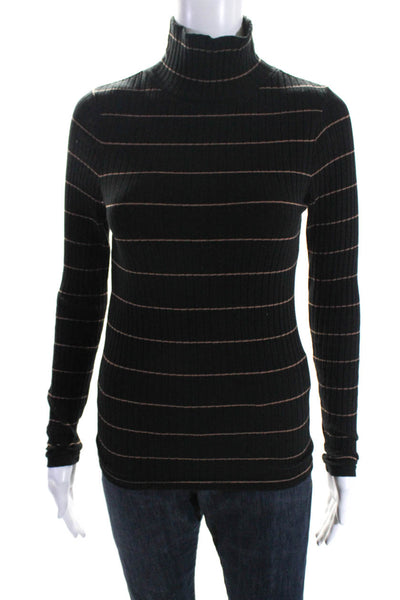 Vince Women's Mock Neck Long Sleeves Ribbed Stripe Pullover Sweater Black Size S