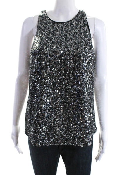 Milly Womens Sequined Sleeveless Crew Neck Tank Top Black Silver Size 8