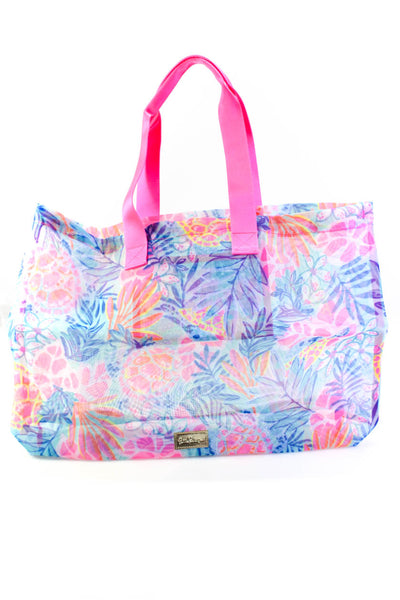 Lily Pulitzer Womens Floral Print Textured Sheer Open Tote Beach Handbag Blue