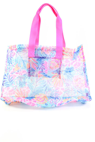 Lily Pulitzer Womens Floral Print Textured Sheer Open Tote Beach Handbag Blue