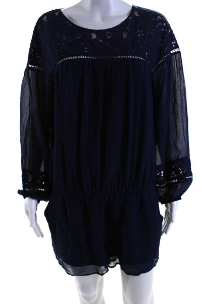 Joie Womens Long Sleeve Lace Trim Scoop Neck Silk Romper Navy Blue Size Small