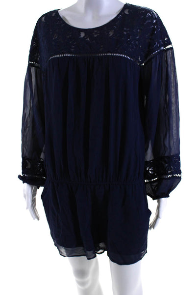 Joie Womens Long Sleeve Lace Trim Scoop Neck Silk Romper Navy Blue Size Small