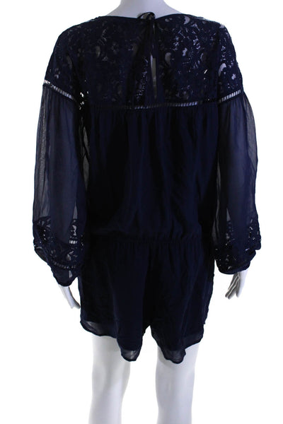 Joie Womens Long Sleeve Lace Trim Scoop Neck Silk Romper Navy Blue Size Small