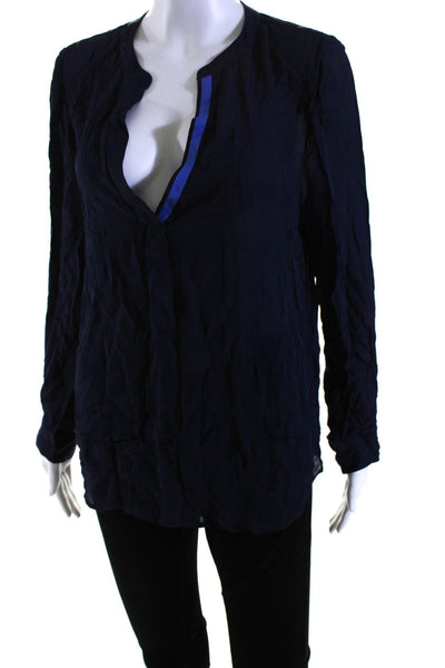 Joie Womens Long Sleeve V Neck Silk Boxy Shirt Top Navy Blue Size Large