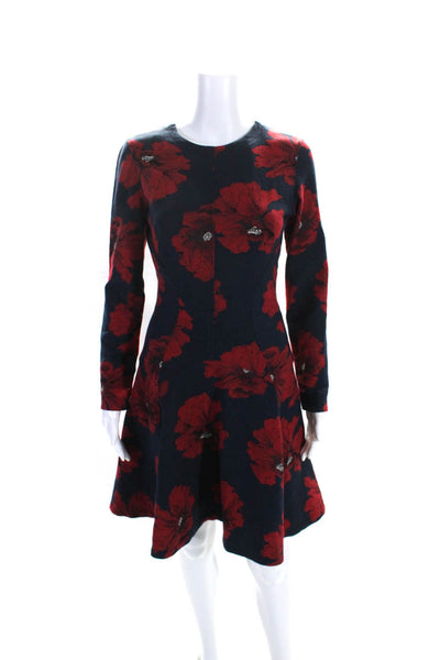 Lela Rose Womens Navy Red Floral Crew Neck Long Sleeve Fit & Flare Dress Size S