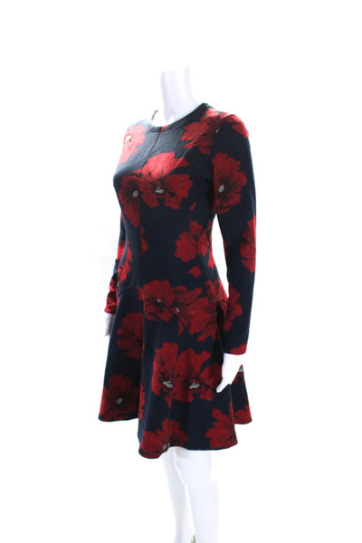 Lela Rose Womens Navy Red Floral Crew Neck Long Sleeve Fit & Flare Dress Size S