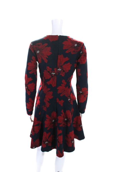 Lela Rose Womens Navy Red Floral Crew Neck Long Sleeve Fit & Flare Dress Size S