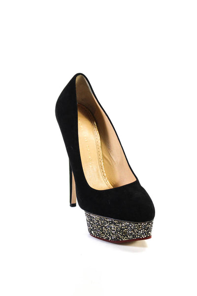 Charlotte Olympia Womens Black Suede Crystal Platform Heels Pumps Shoes Size 9