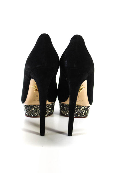 Charlotte Olympia Womens Black Suede Crystal Platform Heels Pumps Shoes Size 9