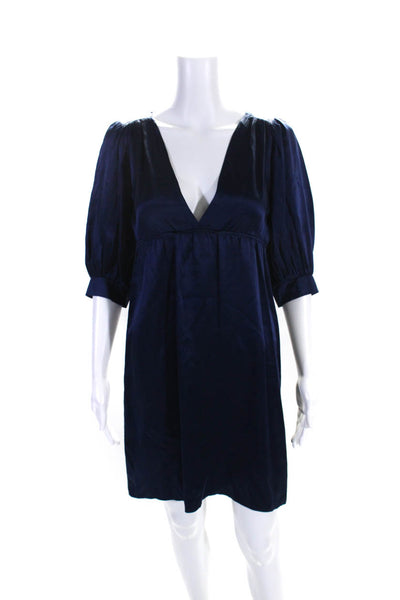 Amanda Uprichard Womens Blue Silk V-Neck 3/4 Sleeve Shift Dress Size S