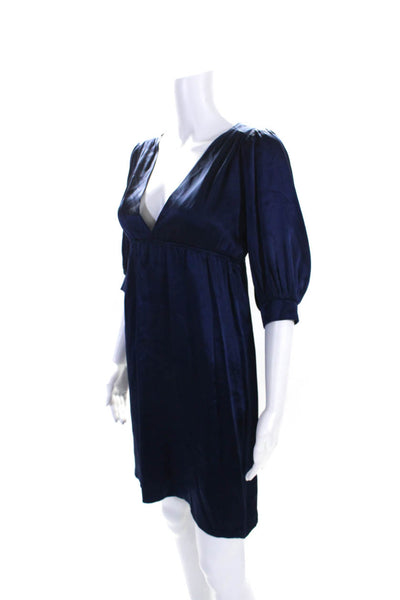 Amanda Uprichard Womens Blue Silk V-Neck 3/4 Sleeve Shift Dress Size S