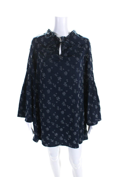 Michael Stars Womens Blue Floral Tie Neck Long Sleeve A-line Dress Size XS