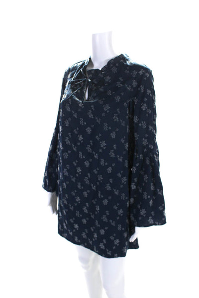 Michael Stars Womens Blue Floral Tie Neck Long Sleeve A-line Dress Size XS