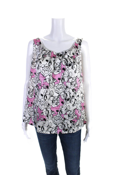 St. John Collection Womens Floral Satin Tank Top Blouse White Pink Size XL