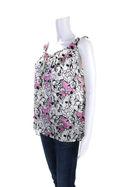 St. John Collection Womens Floral Satin Tank Top Blouse White Pink Size XL