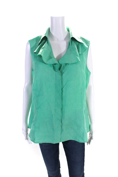 Lafayette 148 Womens Sleeveless Ruffle Button Up Top Blouse Green Linen Size 14