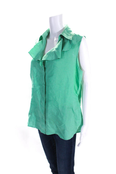 Lafayette 148 Womens Sleeveless Ruffle Button Up Top Blouse Green Linen Size 14