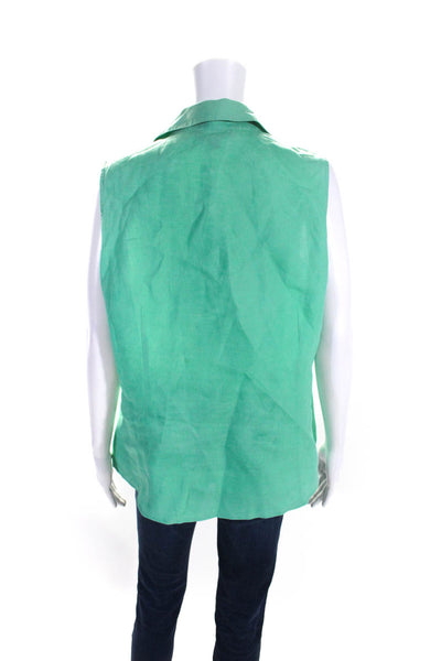 Lafayette 148 Womens Sleeveless Ruffle Button Up Top Blouse Green Linen Size 14