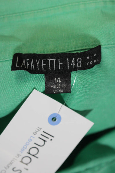 Lafayette 148 Womens Sleeveless Ruffle Button Up Top Blouse Green Linen Size 14