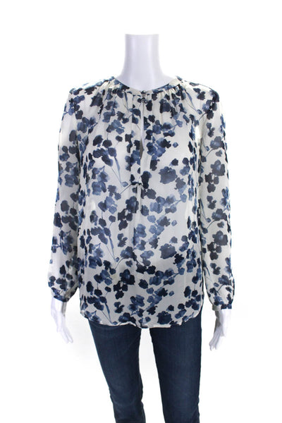 Joie Womens White Blue Silk Floral Print Crew Neck Long Sleeve Blouse Top SizeXS