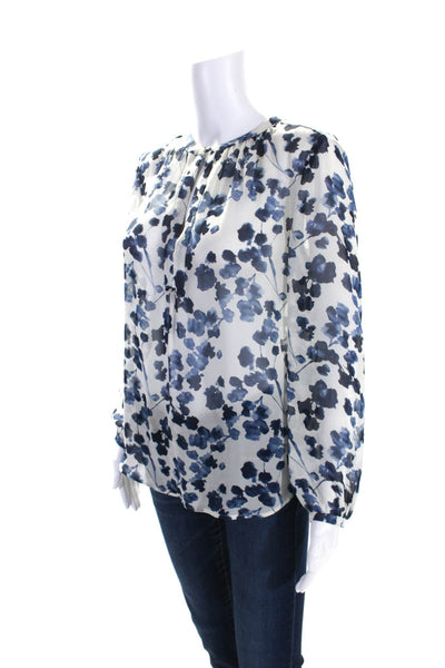 Joie Womens White Blue Silk Floral Print Crew Neck Long Sleeve Blouse Top SizeXS