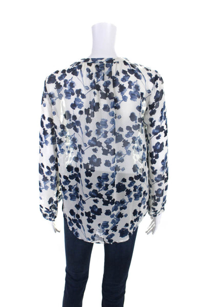 Joie Womens White Blue Silk Floral Print Crew Neck Long Sleeve Blouse Top SizeXS