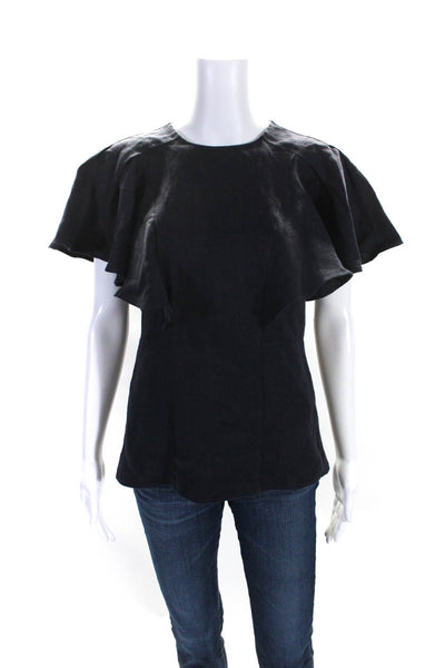 Chloe Womens Navy Blue Linen Ruffle Crew Neck Short Sleeve Blouse Top Size 36