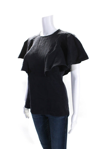 Chloe Womens Navy Blue Linen Ruffle Crew Neck Short Sleeve Blouse Top Size 36