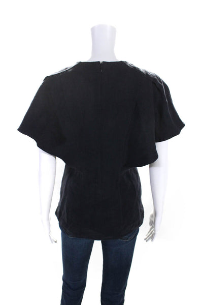 Chloe Womens Navy Blue Linen Ruffle Crew Neck Short Sleeve Blouse Top Size 36