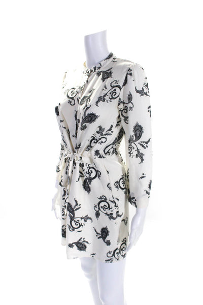 A.L.C. Womens White Silk Paisley Print Tie Waist Long Sleeve Shift Dress Size 2