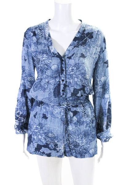 Intermix Womens Blue Floral V-Neck Long Sleeve Tie Waist Romper Size P