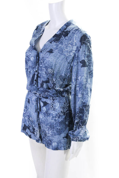 Intermix Womens Blue Floral V-Neck Long Sleeve Tie Waist Romper Size P