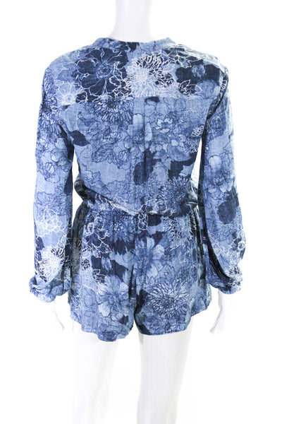 Intermix Womens Blue Floral V-Neck Long Sleeve Tie Waist Romper Size P