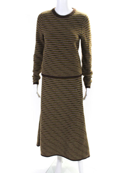 CO Womens Brown Cashmere Striped Crew Neck Pullover Sweater Top Skirt Set Size S