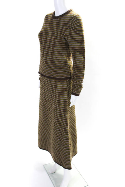 CO Womens Brown Cashmere Striped Crew Neck Pullover Sweater Top Skirt Set Size S