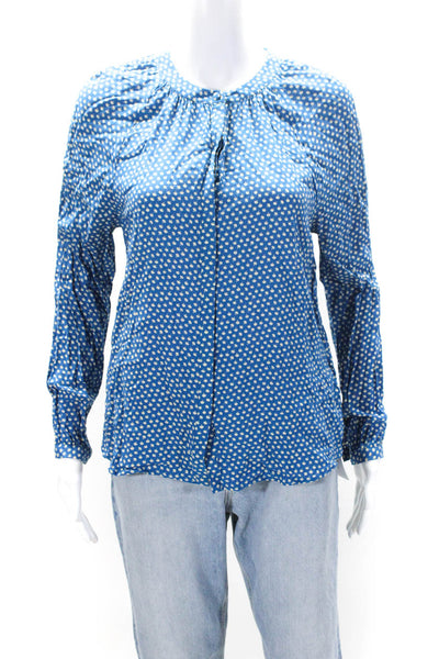 Boden Womens Apple Print Long Sleeves Button Down Blouse Blue White Size 2