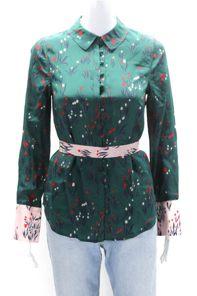 Boden Womens Silk Floral Print Long Sleeves Button Down Blouse Green Pink Size 2