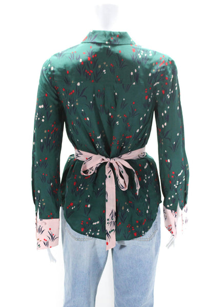 Boden Womens Silk Floral Print Long Sleeves Button Down Blouse Green Pink Size 2