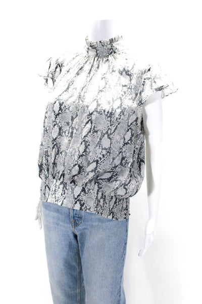 Frame Womens Short Sleeve Mock Neck Snake Print Silk Top Gray Size Large