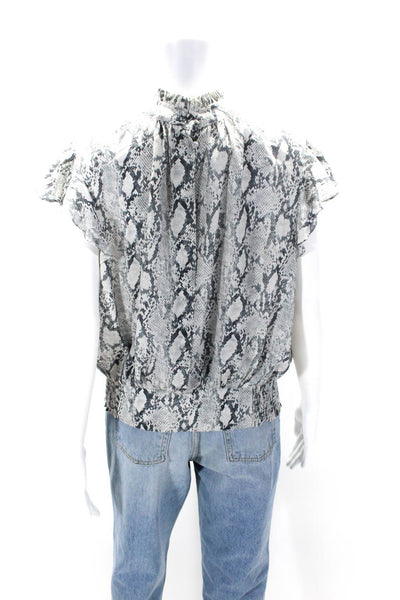 Frame Womens Short Sleeve Mock Neck Snake Print Silk Top Gray Size Large