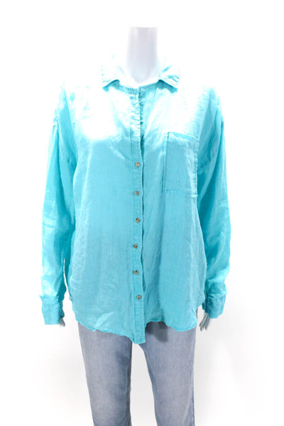 Maeve Anthropologie Womens Button Up Long Sleeve Collared Linen Shirt Blue Large