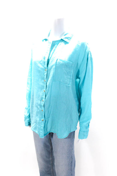 Maeve Anthropologie Womens Button Up Long Sleeve Collared Linen Shirt Blue Large