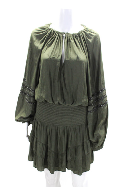 Ramy Brook Womens Long Sleeve V Neck Smocked Tiered Dress Olive Size Large