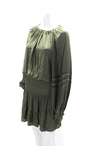 Ramy Brook Womens Long Sleeve V Neck Smocked Tiered Dress Olive Size Large