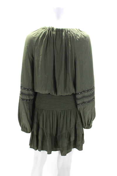 Ramy Brook Womens Long Sleeve V Neck Smocked Tiered Dress Olive Size Large